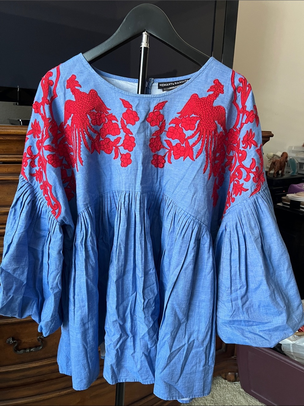 Hemant and Nandita Sky Blue Tunic with Red Embroidered Birds - Picture 1 of 5